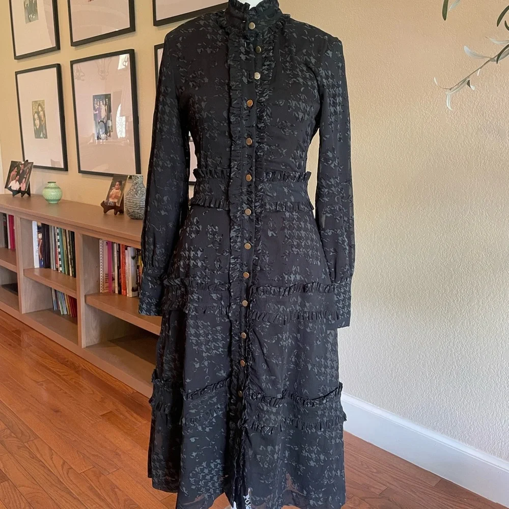 Black Ruffle-Trim Long Sleeve Button-Front Midi Dress - Picture 1 of 3